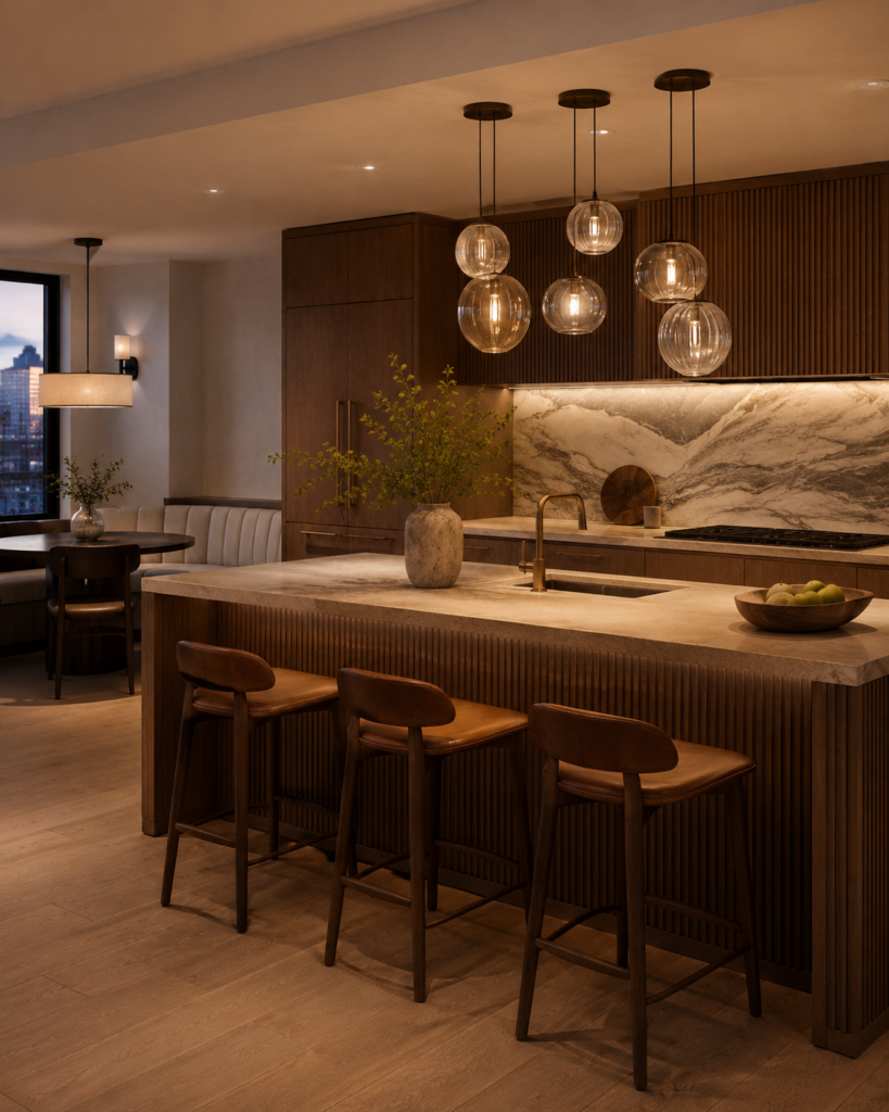 Renovated kitchen with dark walnut cabinetry, a marble backsplash, a stone island with leather bar stools and glass globe pendant lights, opening onto a banquette dining area