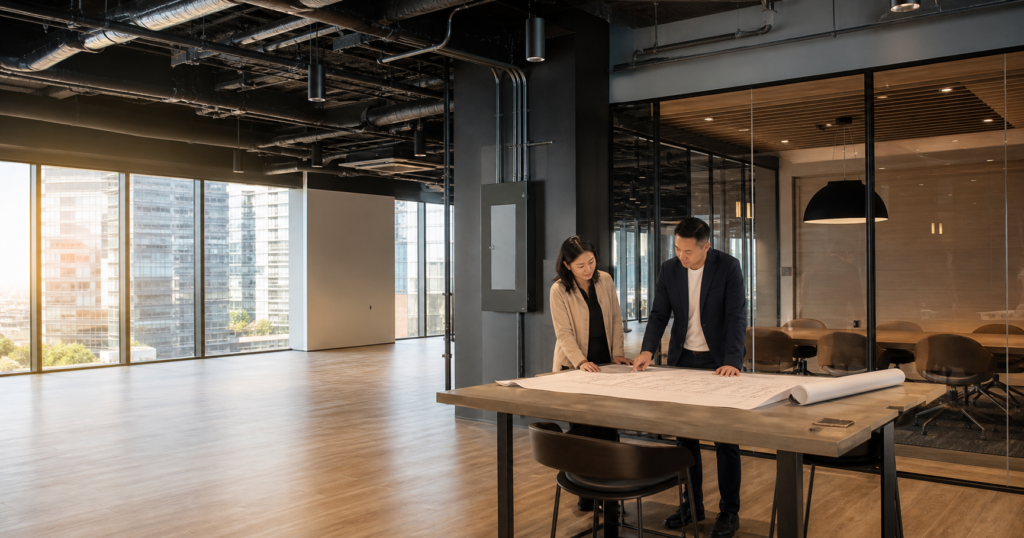 Toronto 辦公室 fit-out 前,設計團隊與業主於現場檢視平面圖、現有 HVAC 與電力服務