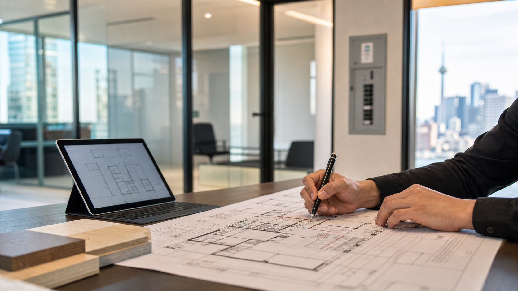 Toronto office fit-out permit 規劃：辦公室租戶裝修的平面圖、玻璃間隔與現有電力盤 site assessment