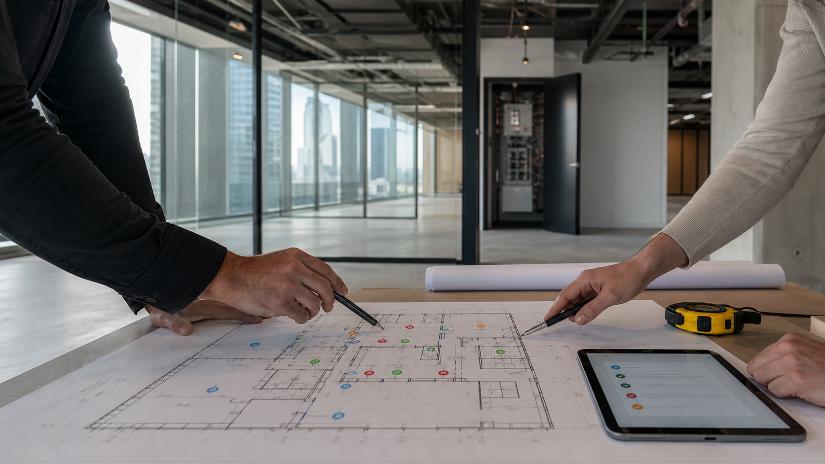 Toronto office fit-out:於平面圖上核對服務位置、電力盤及施工範圍的 site assessment